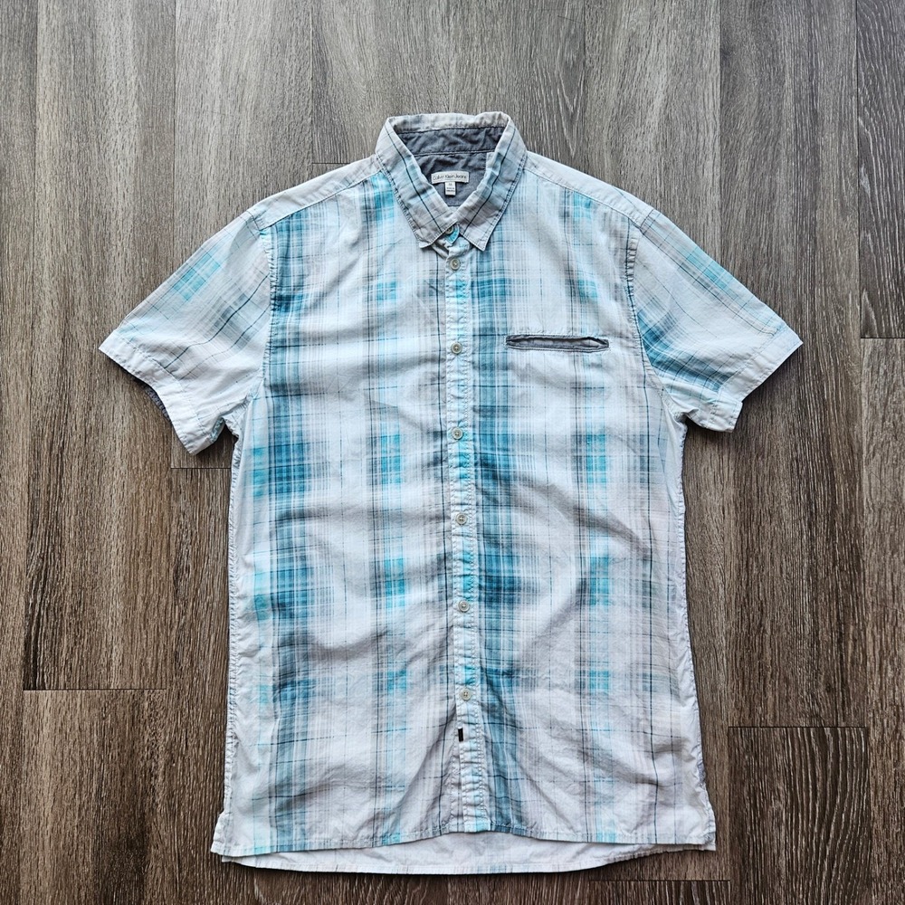 Calvin Klein Jeans Mens Medium Short Sleeve Plaid Button Down Shirt Blue White